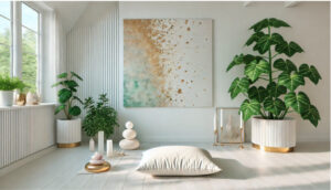 In a serene, minimalist room with large potted plants, a cushion on the floor, candles, stacked stones, and an abstract painting on the wall, Matt Fraser enjoys the peaceful ambiance. Natural light filters in through a window.